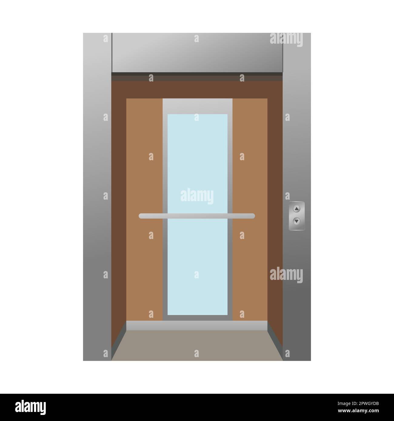 Vektordarstellung Fahrstuhlkabine mit offenen Türen. Heben Sie die Tür aus Holz und Metall, Treppe oder Rolltreppe auf und ab auf weißem Hintergrund Stock Vektor