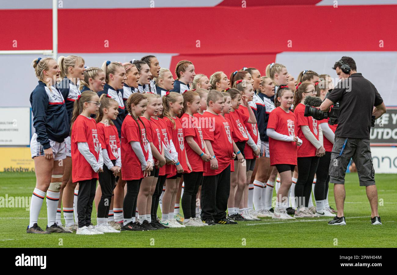 Halliwell Jones Stadium, Warrington, England. 29. April 2023 England gegen Frankreich, Frauen-Rugby-Liga, Mid-Season International. Kredit: Mark Percy Stockfoto