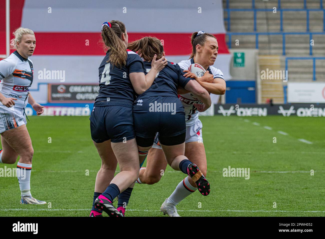 Halliwell Jones Stadium, Warrington, England. 29. April 2023 England gegen Frankreich, Frauen-Rugby-Liga, Mid-Season International. Kredit: Mark Percy Stockfoto