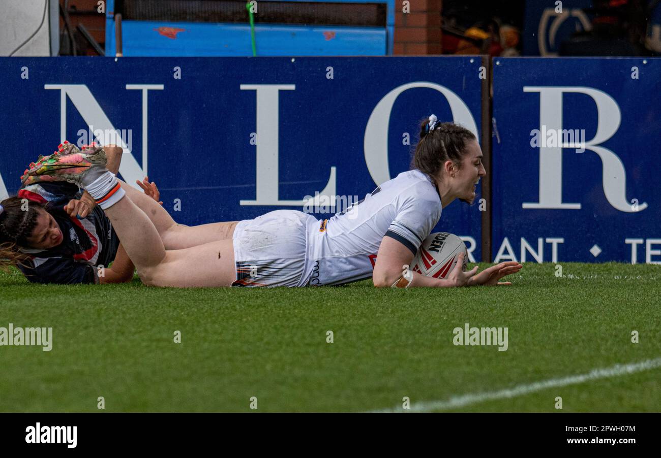 Halliwell Jones Stadium, Warrington, England. 29. April 2023 England gegen Frankreich, Frauen-Rugby-Liga, Mid-Season International. Kredit: Mark Percy Stockfoto