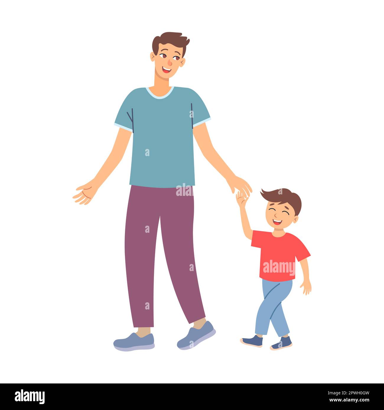 Fröhlicher Vater und Sohn, die draußen zusammen spazieren gehen. Vektordarstellung von Eltern und Kindern, die sich an den Händen halten. Spaß mit der Familie Stock Vektor