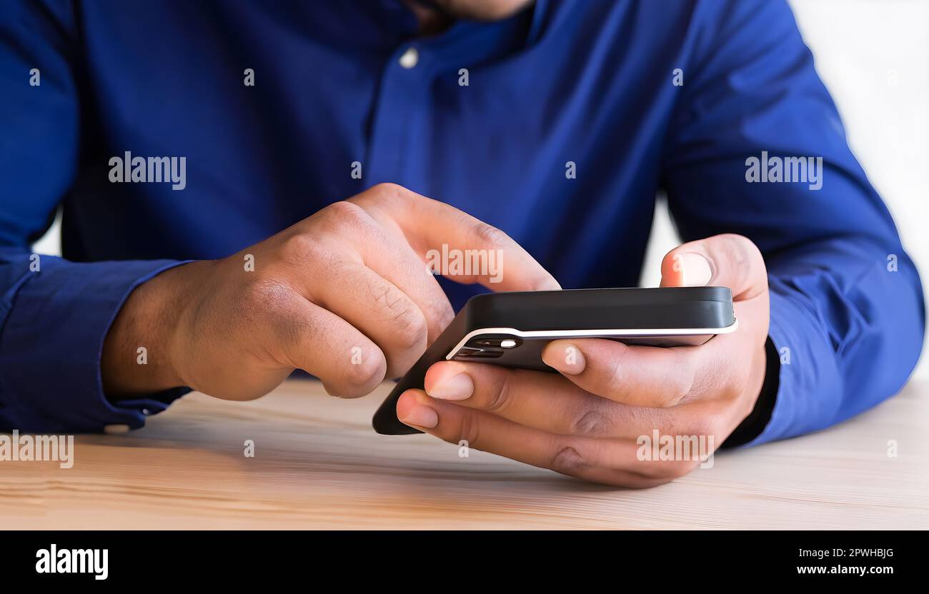 Nahaufnahme eines Mannes, der sein Smartphone für die Suche benutzt. Social-Networks-Konzept. Stockfoto