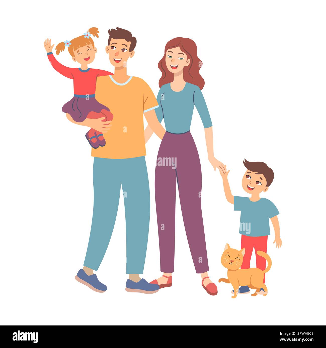 Familienspaziergänge im Freien. Vektordarstellung von Eltern und Kindern, die sich an den Händen halten. Spaß mit der Familie Stock Vektor