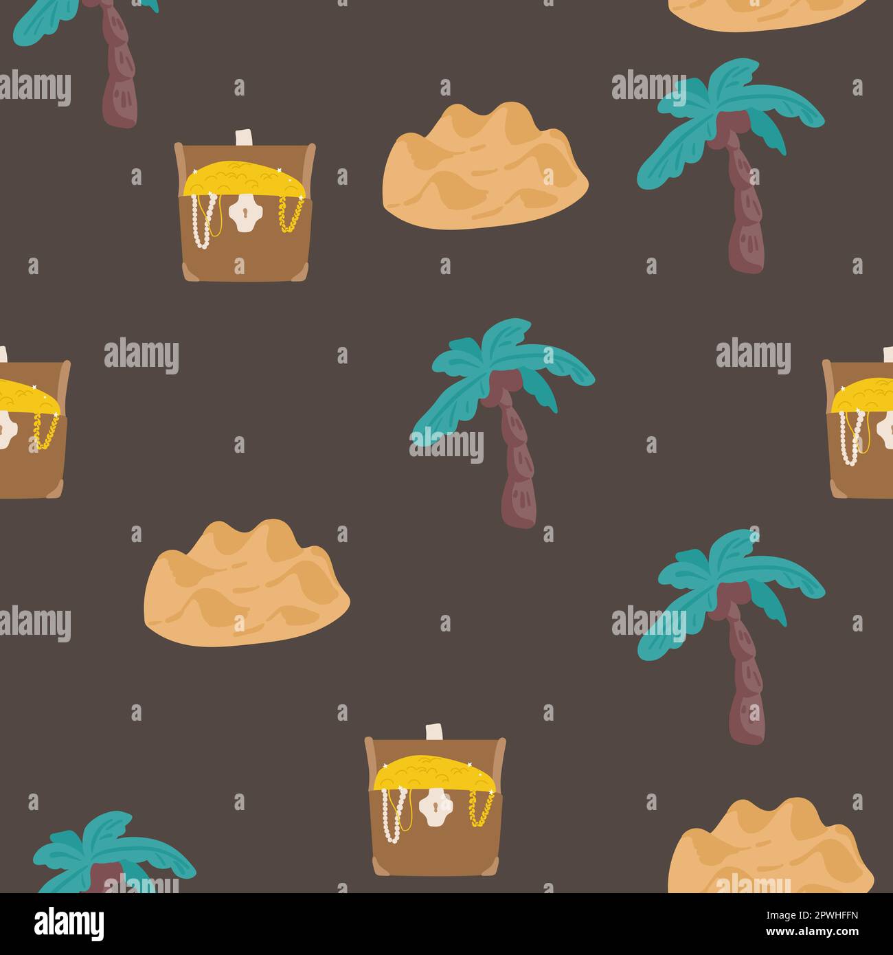 Nahtloses Muster mit Kürbis-Charakter mit Emotionen und Gesicht in Piratenbandana, gekreuzten Säbeln und mit Schatztruhe und Goldmünzen. Als Deko drucken Stock Vektor