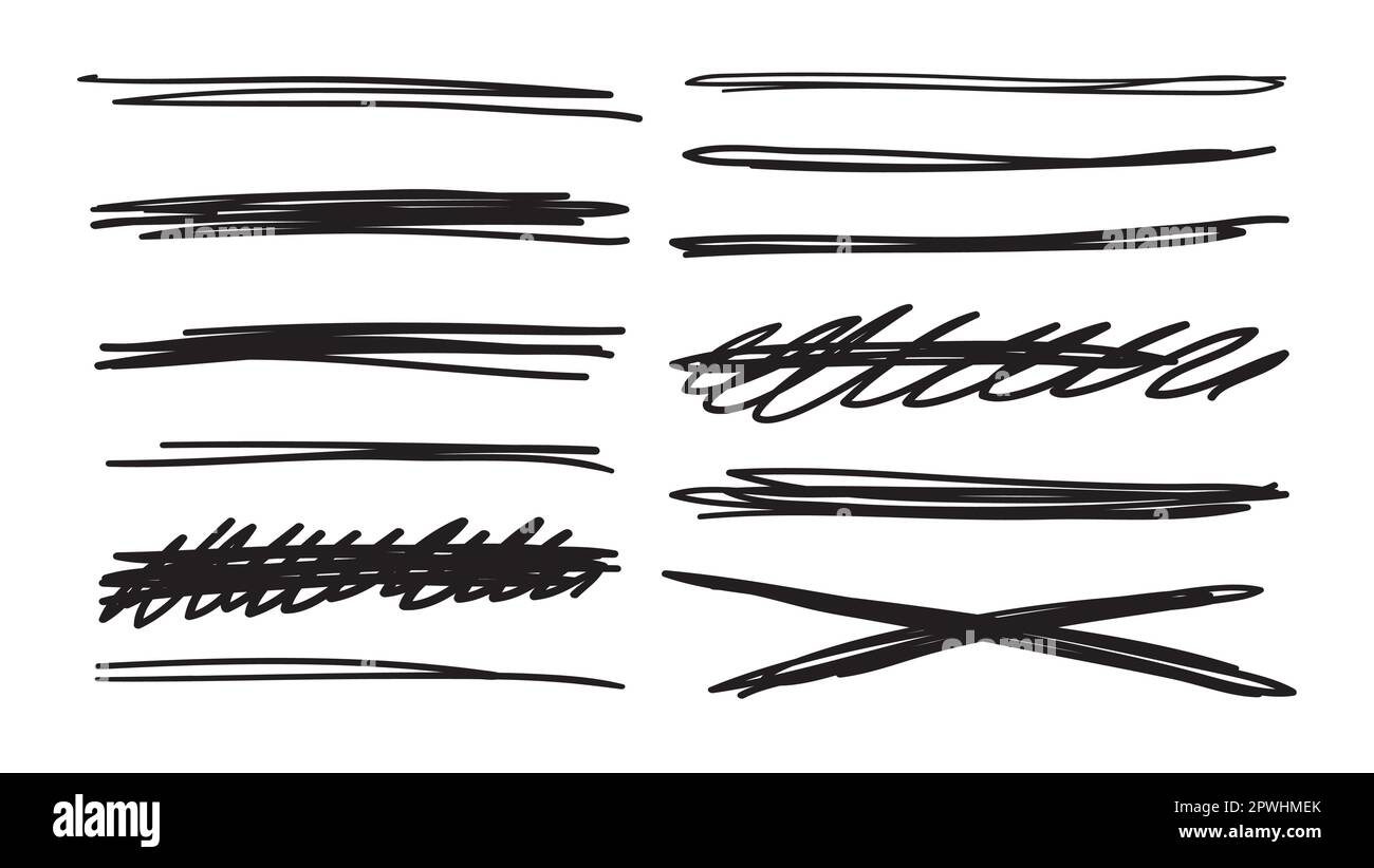 Satz handgezeichneter Kritzeleien, durchgestrichener Text, Unterstreichungen mit Marker, Stift, Bleistift. Abstrakte Linien für das Design von handgeschriebenem Text. Vector Illustrati Stock Vektor