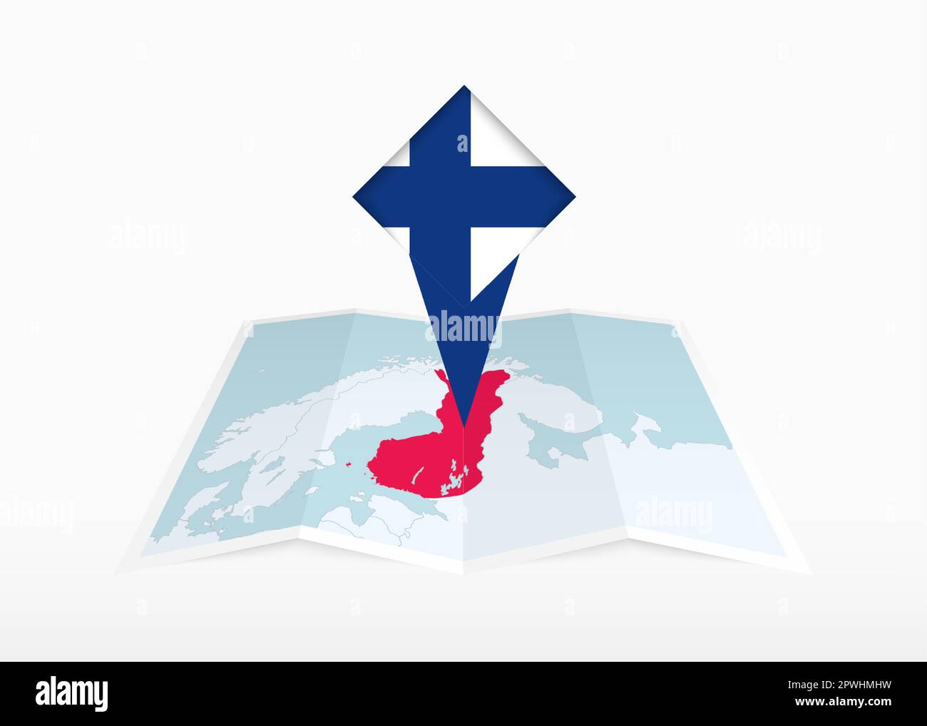 Finnland ist auf einer gefalteten Papierkarte und einer fixierten Positionsmarkierung mit finnischer Flagge abgebildet. Gefaltete Vektorkarte. Stock Vektor