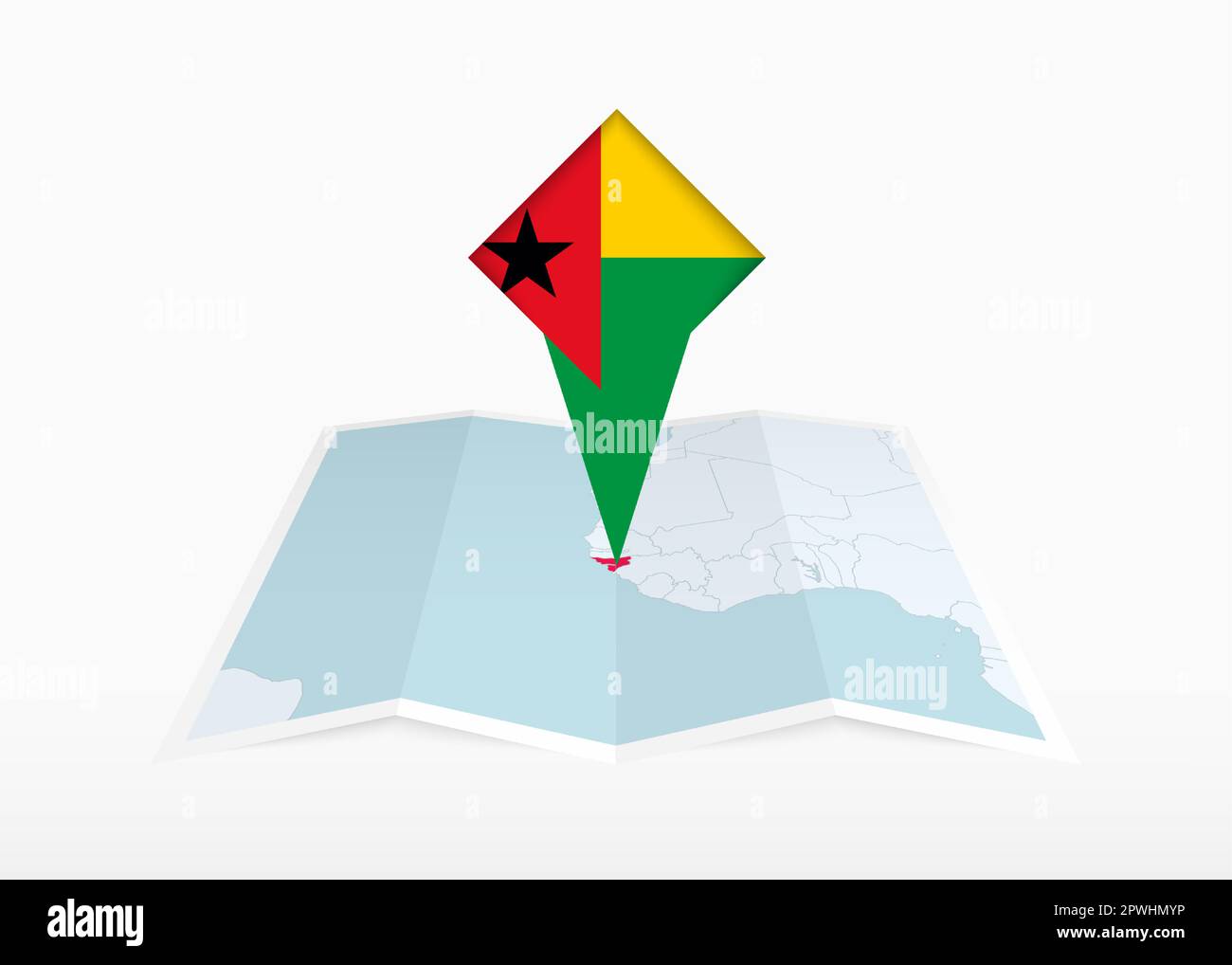 Guinea-Bissau ist auf einer gefalteten Karte in Papierform und mit einer fixierten Positionsmarkierung mit der Flagge Guinea-Bissaus abgebildet. Gefaltete Vektorkarte. Stock Vektor