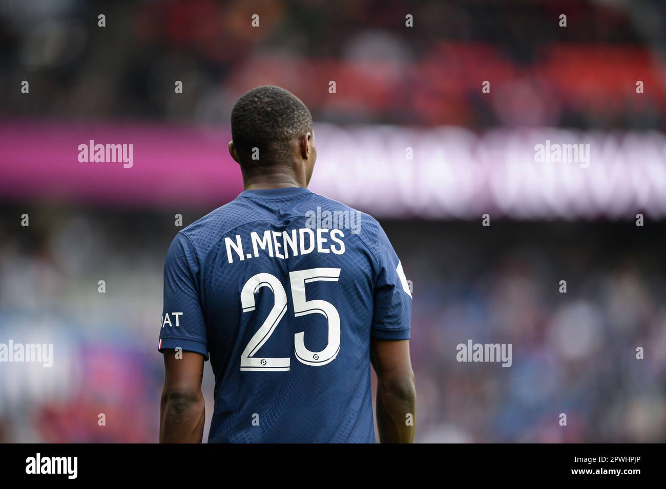 Paris, Frankreich. 30. April 2023. Nuno Mendes während des Ligue 1 Uber-Fußballspiels zwischen dem FC Lorient und Paris Saint Germain (PSG) am 30. April 2023 im Parc des Princes Stadion in Paris, Frankreich. Kredit: Victor Joly/Alamy Live News Stockfoto