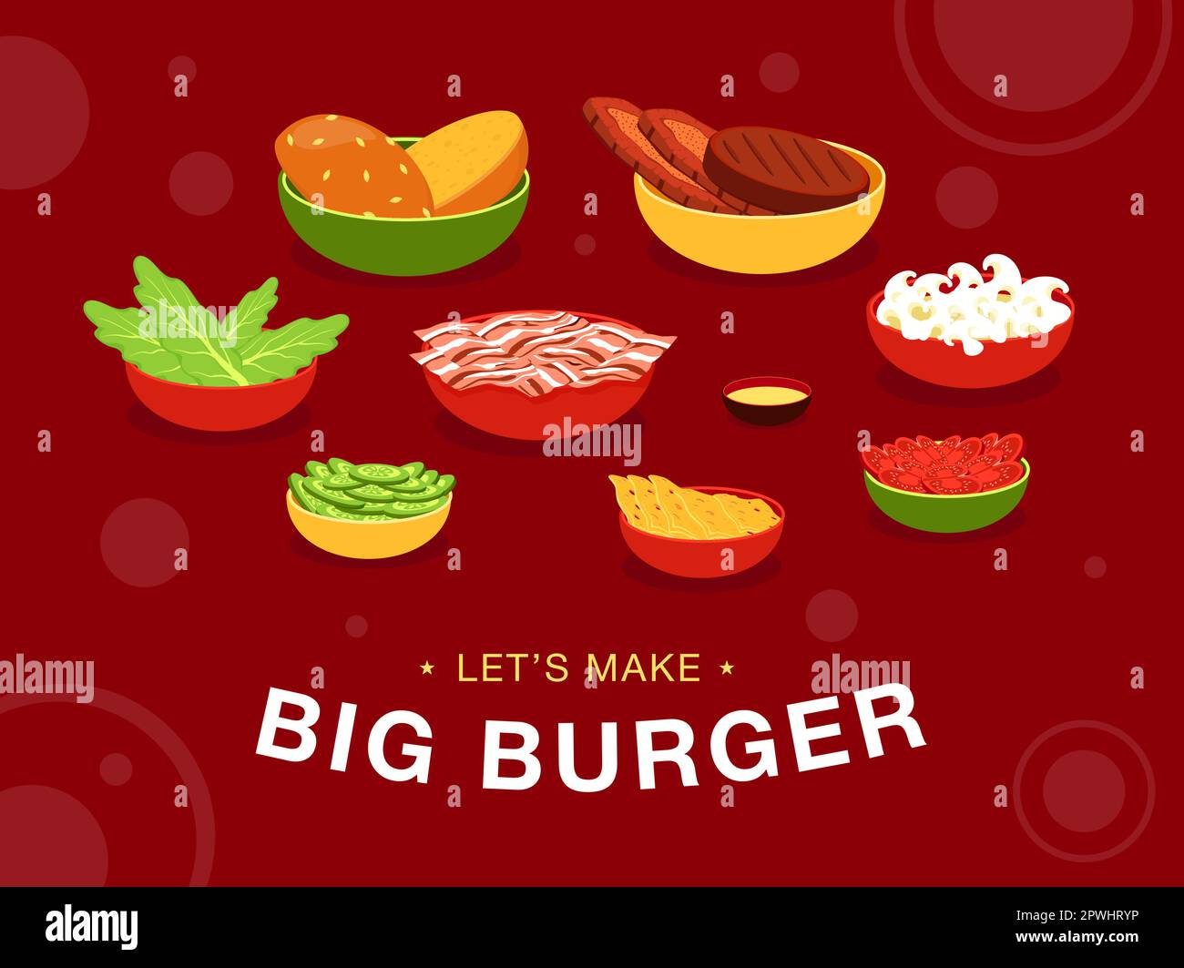 Roter Hintergrund mit Burgerzutaten auf Schüsseln Stock Vektor