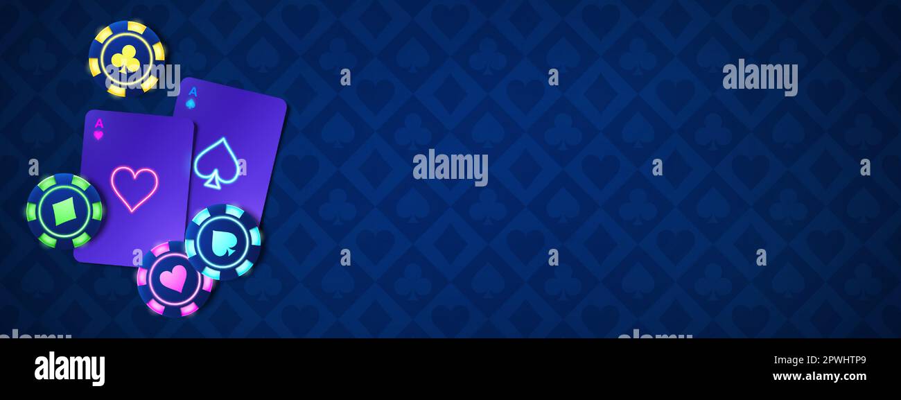 Pokerhintergrund mit Neon-Chip und Ass-Wettvektor-Illustration. Vom Casino geleitetes Roulette-Konzept mit blauem Stoffdesign und Draufsicht. Ich Spiele online Blackjack Glow Holdem Internet-Banner-Layout. Stock Vektor