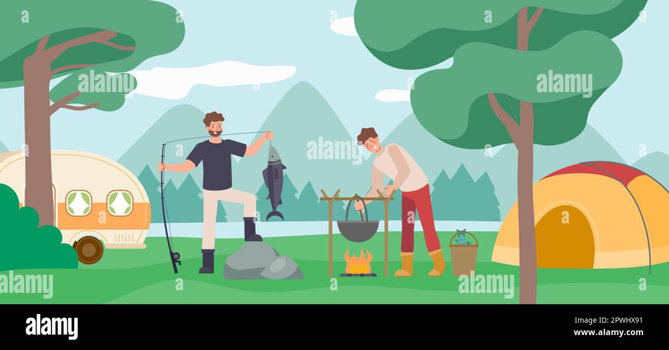 Fischer kochen sich ein Lagerfeuer. Reisen, Angelsaison, Abenteuer, Hobbys, Outdoor-Aktivitäten. Vektor des Fischerhobbys, Fang Fischillustr Stock Vektor