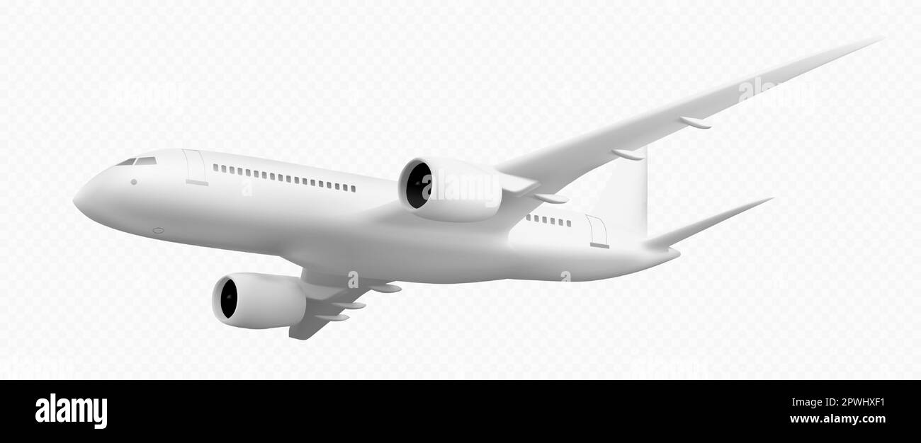 3D White plane Flight Isolated Vector travel icon png. Realistisches Rendern des Strahls auf transparentem Hintergrund. Kommerzielles Modell der Fluggesellschaft für internationale Flüge im Urlaub. Leere Vorlage für Charterflugzeuge Stock Vektor