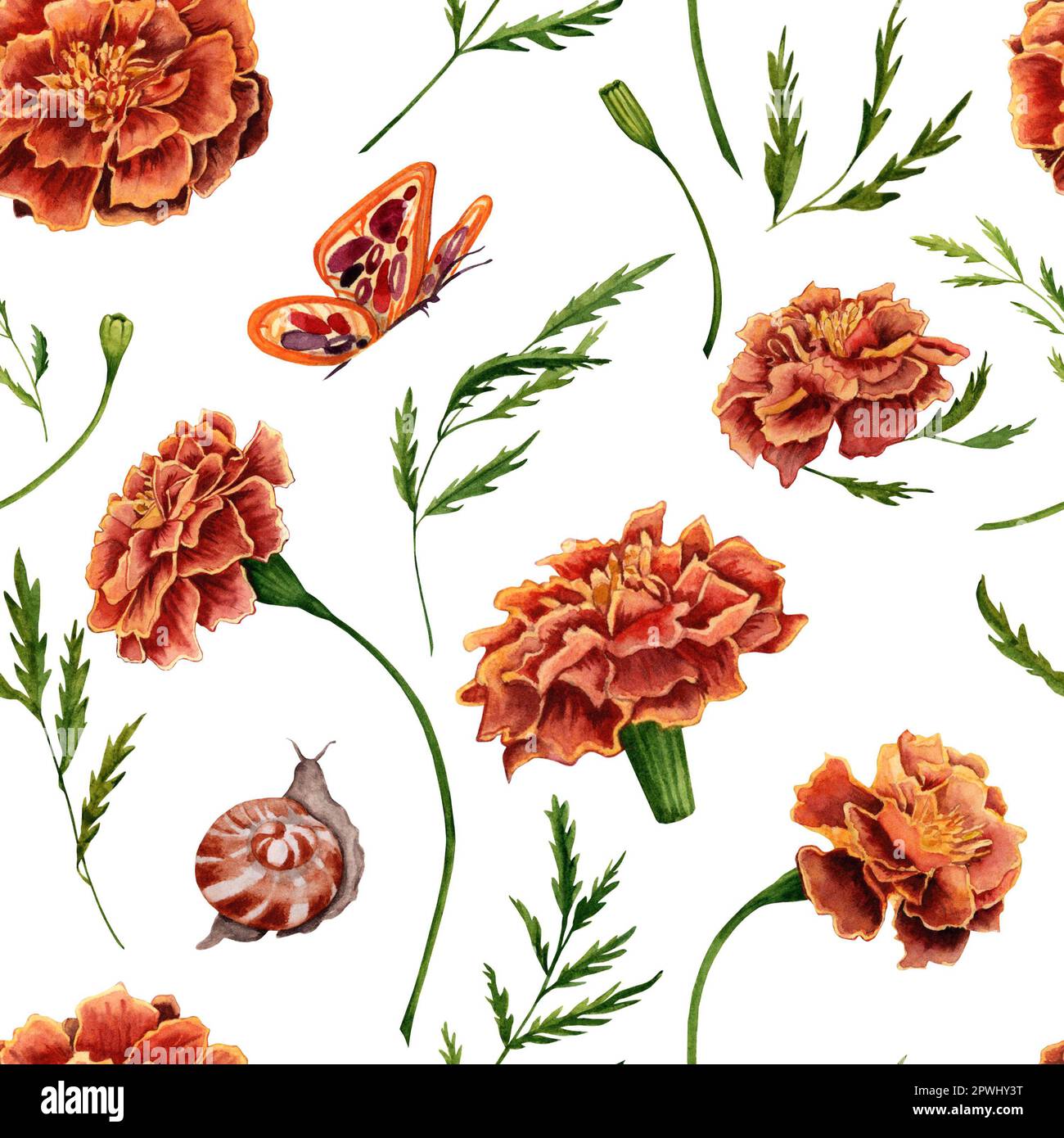 Nahtloses Muster mit handgezeichneten Marigold-Aquarell-Illustrationen Stockfoto