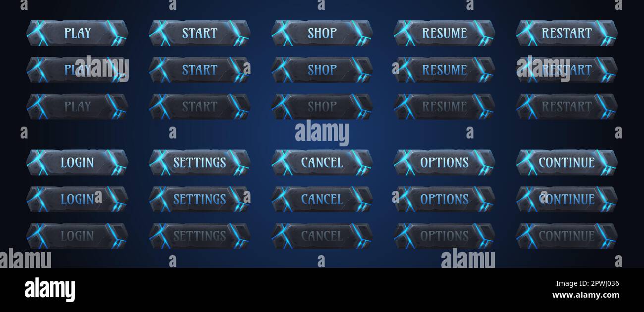 Altes Stone-Spiel Buttons Animationsset. Vektorgrafik von Rahmen mit neonblauen Rissen. Spielen, starten, einkaufen, fortsetzen, neu starten, melden Sie sich an, Einstellungen, und klicken Sie auf das Blatt mit den Aktionsspritzen. GUI-Designelemente Stock Vektor