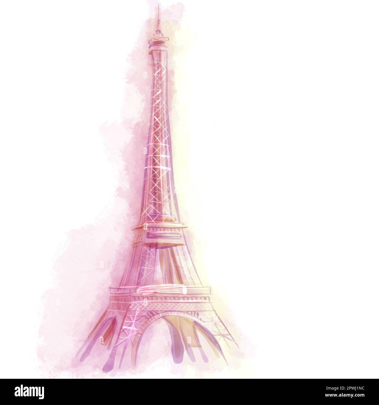 Aquarelle Zeichnung des Eiffelturms in Paris auf weißem Hintergrund, isoliert, romantischer Stil. Stockfoto