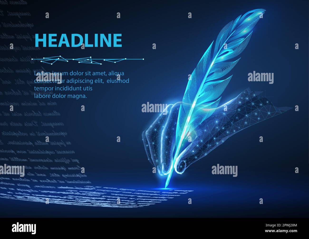 Feder in digitaler Hand. Automatischer Textgenerator, AI-Schreiben, künstliche Intelligenz als Werbetexter Stock Vektor