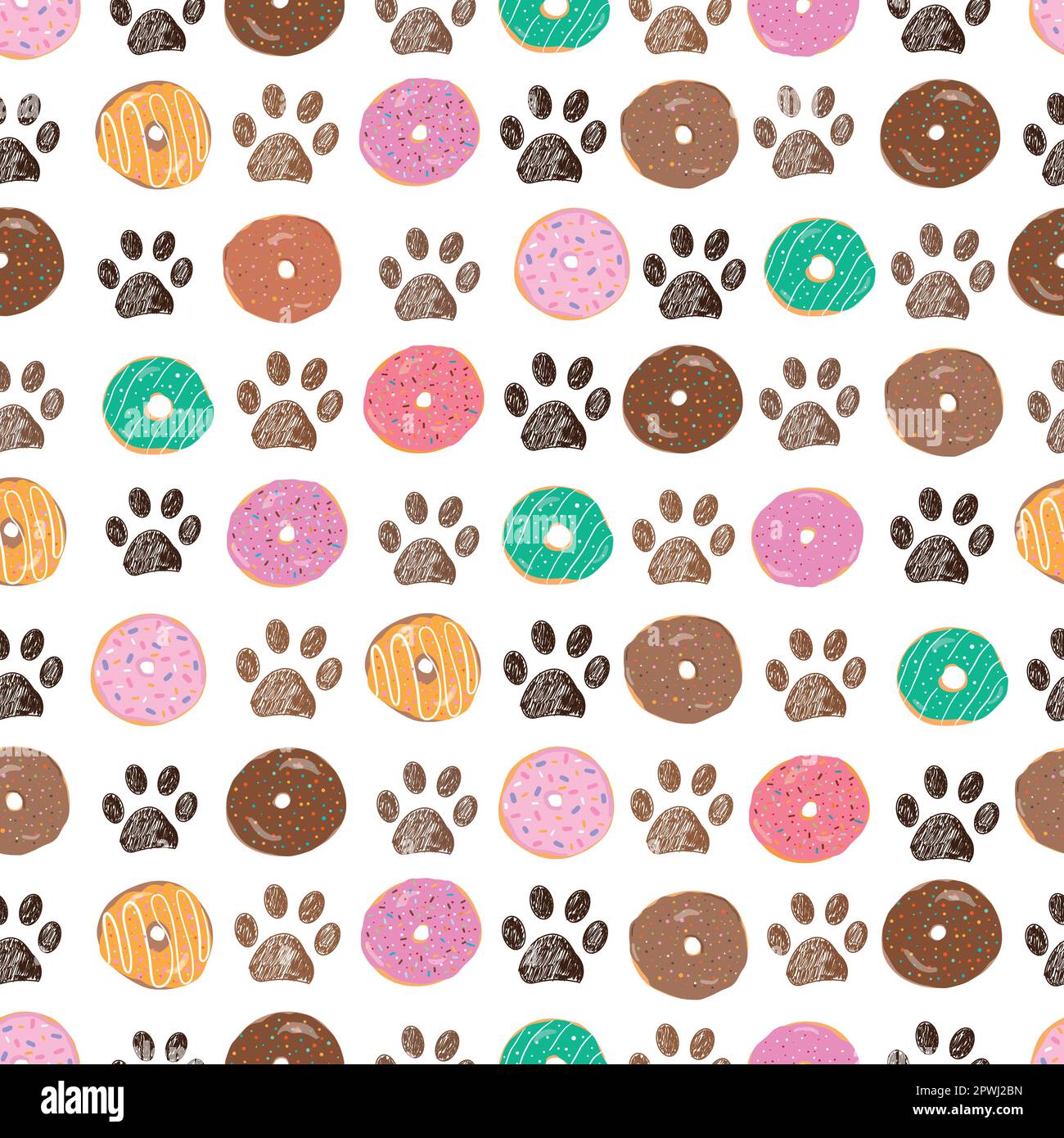 Bunte köstliche Donuts und Kritzelpfotenabdrücke Stock Vektor