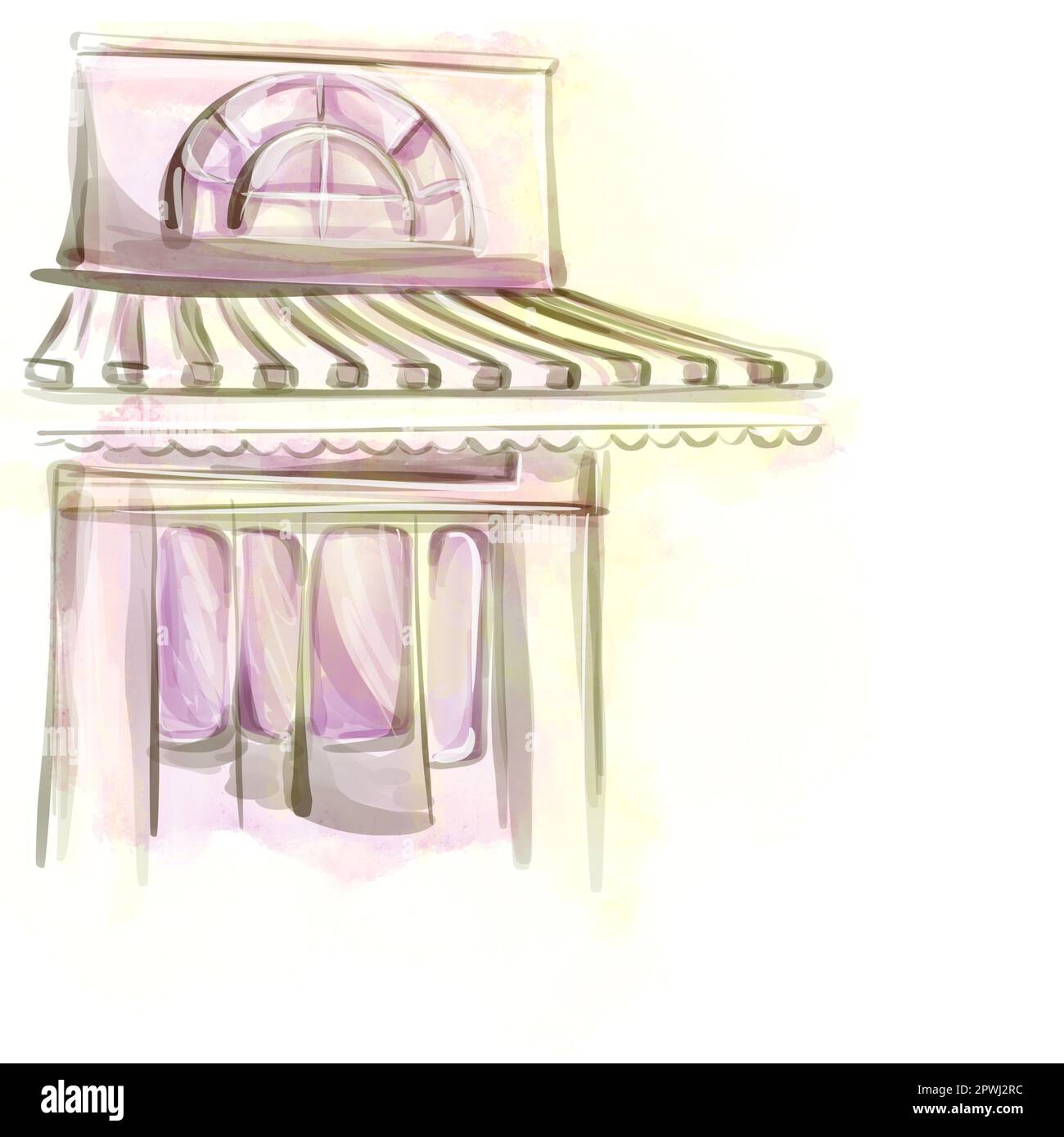 Pariser Café im Freien. Handbemaltetes Haus in Aquarellfarben. Für Druck, Poster, Postkarte, Illustration, Einladung, Grußkarte, Verpackungsdesign, Element des Stockfoto