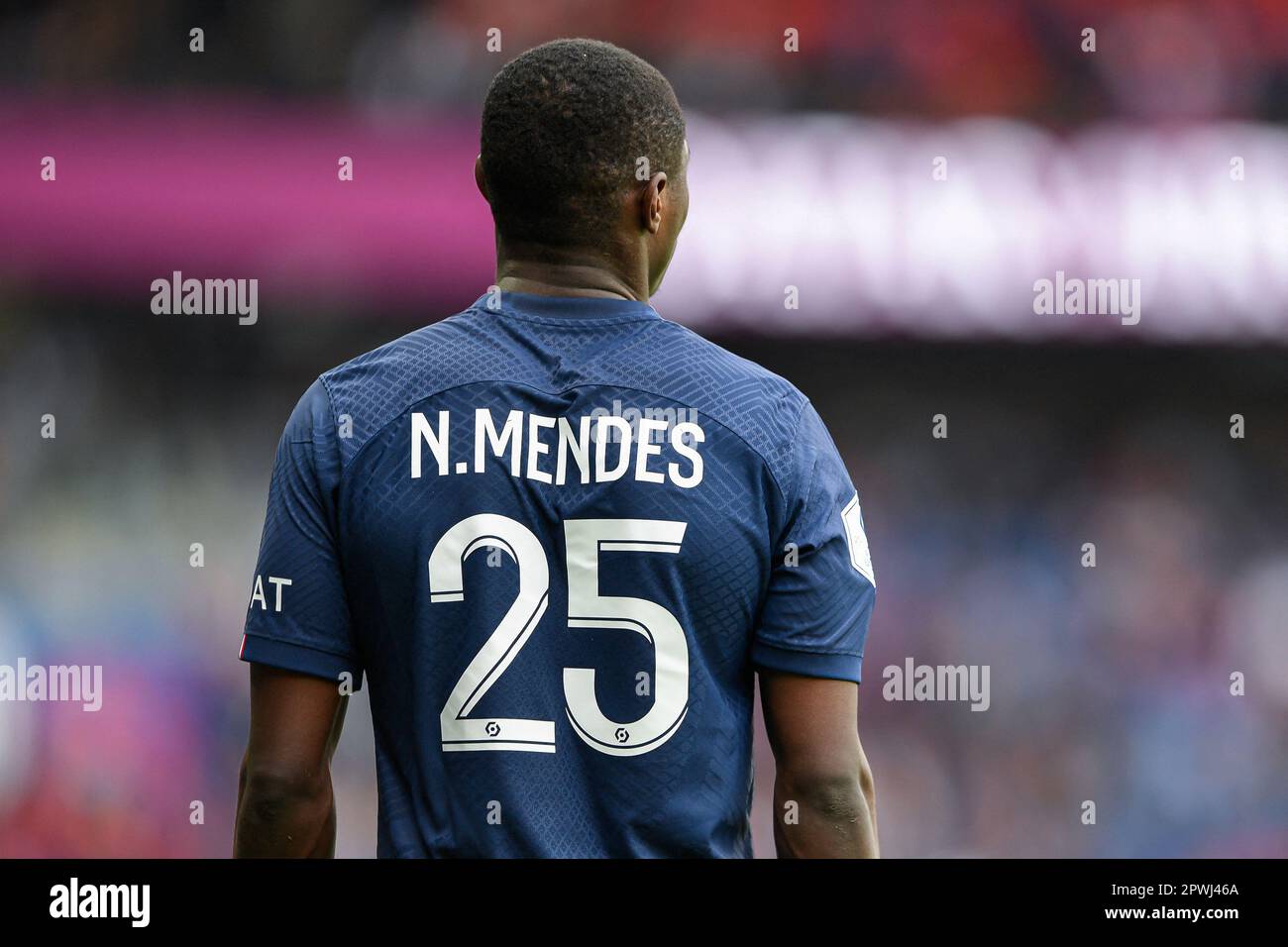 Paris, Frankreich. 30. April 2023. Nuno Mendes während des Ligue 1 Uber-Fußballspiels zwischen dem FC Lorient und Paris Saint Germain (PSG) am 30. April 2023 im Parc des Princes Stadion in Paris, Frankreich. Foto von Victor Joly/ABACAPRESS.COM Kredit: Abaca Press/Alamy Live News Stockfoto