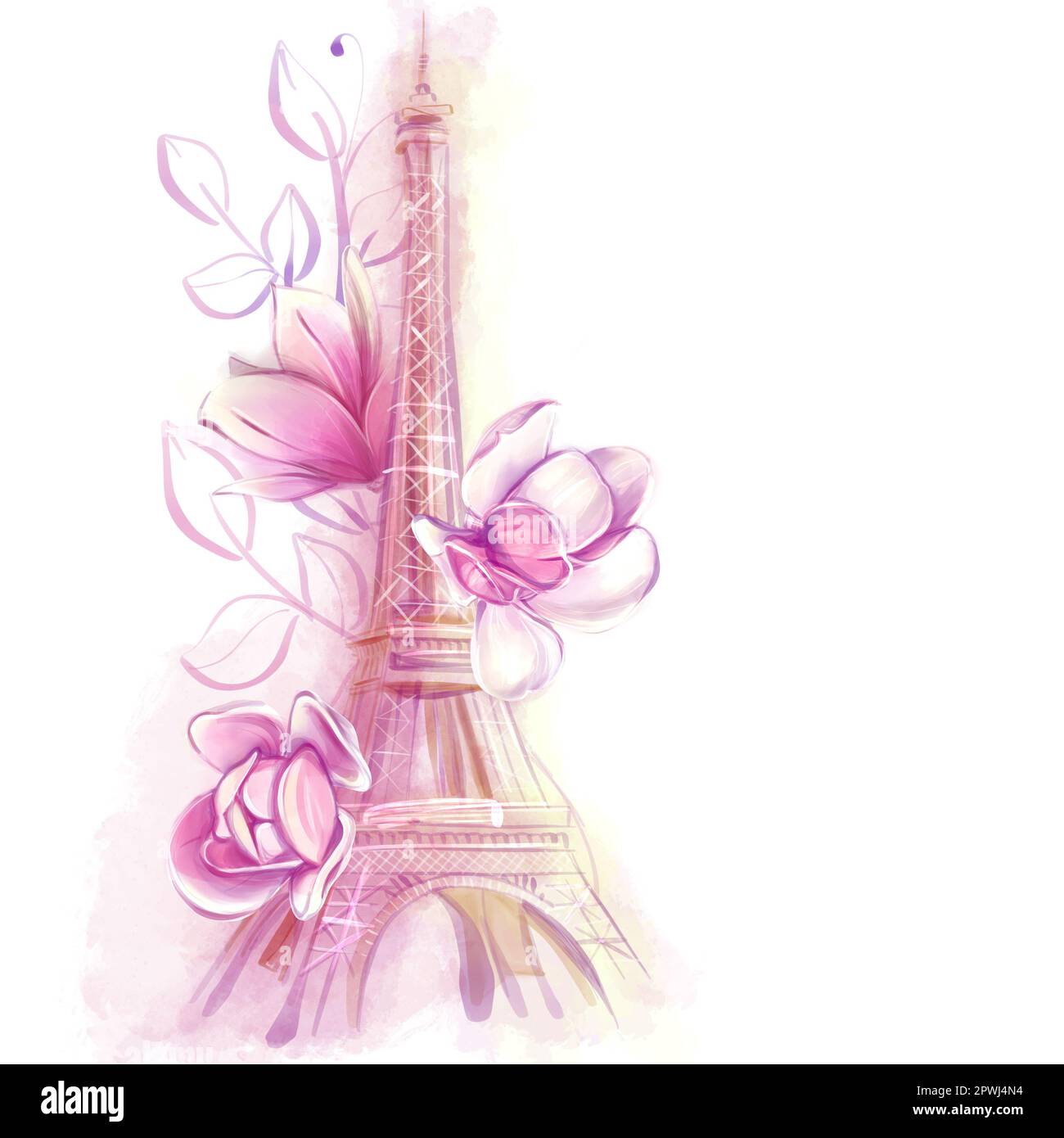 Eifelbad mit Magnolienblüten in Aquarellfarben. Wasserfarben-Illustration für den Frühling. Blumen und Paris. Stockfoto