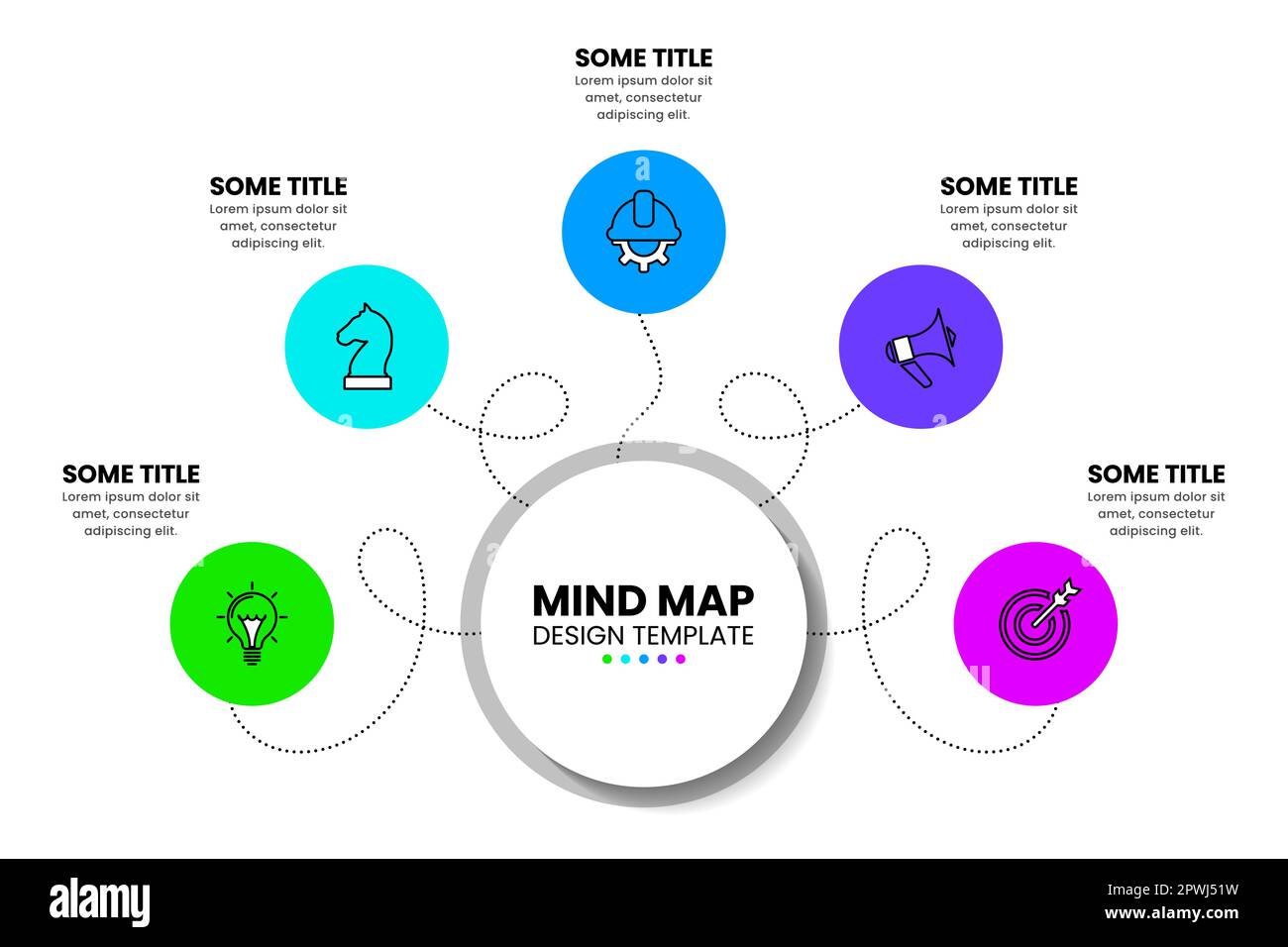 Infografik-Vorlage mit Symbolen und 5 Optionen oder Schritten. Mindmap. Kann für Workflow-Layout, Diagramm, Banner, webdesign verwendet werden. Vektordarstellung Stock Vektor