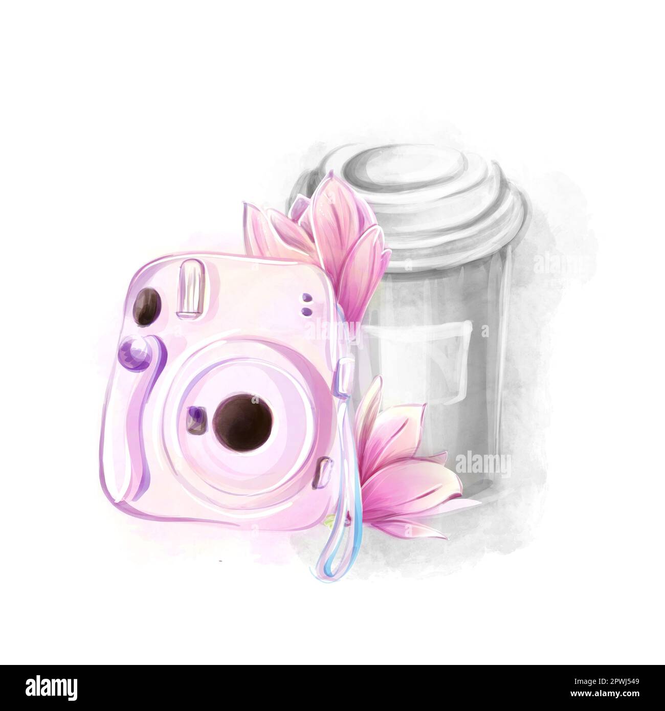 Aquarell-Darstellung von Sofortkamera und Pappbecher mit Kaffee, Magnolien, Frühlingsblumen, Romantik. Französischer Tourismus, Clipart. Aquarell romantische CO Stockfoto