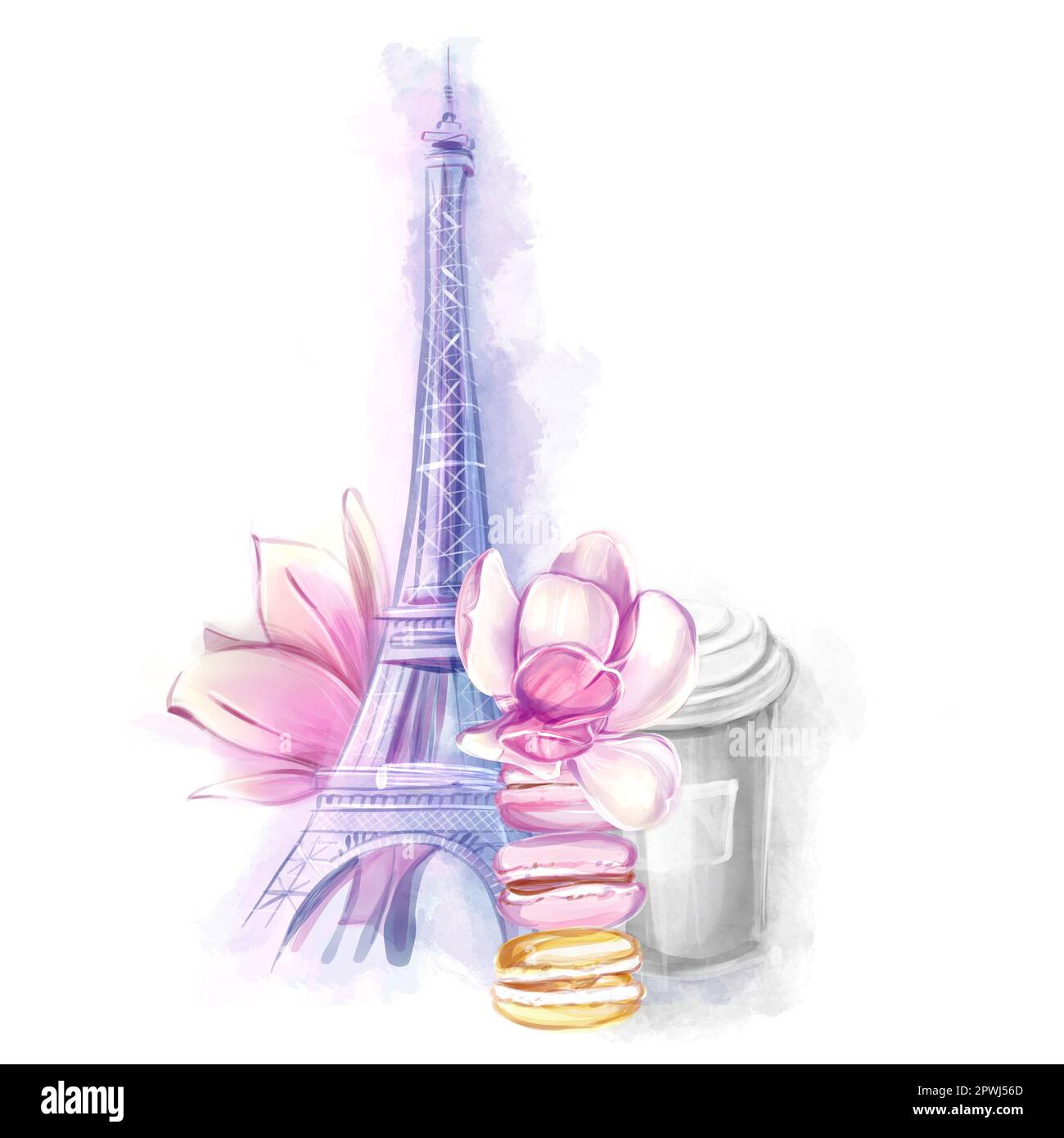 Eiffelturm mit Magnolien, Frühlingsklipart. Kaffee und Makronen, Frühstück. Französischer Tourismus, Attraktionen. Aquarelldarstellung, Skizze. Stockfoto