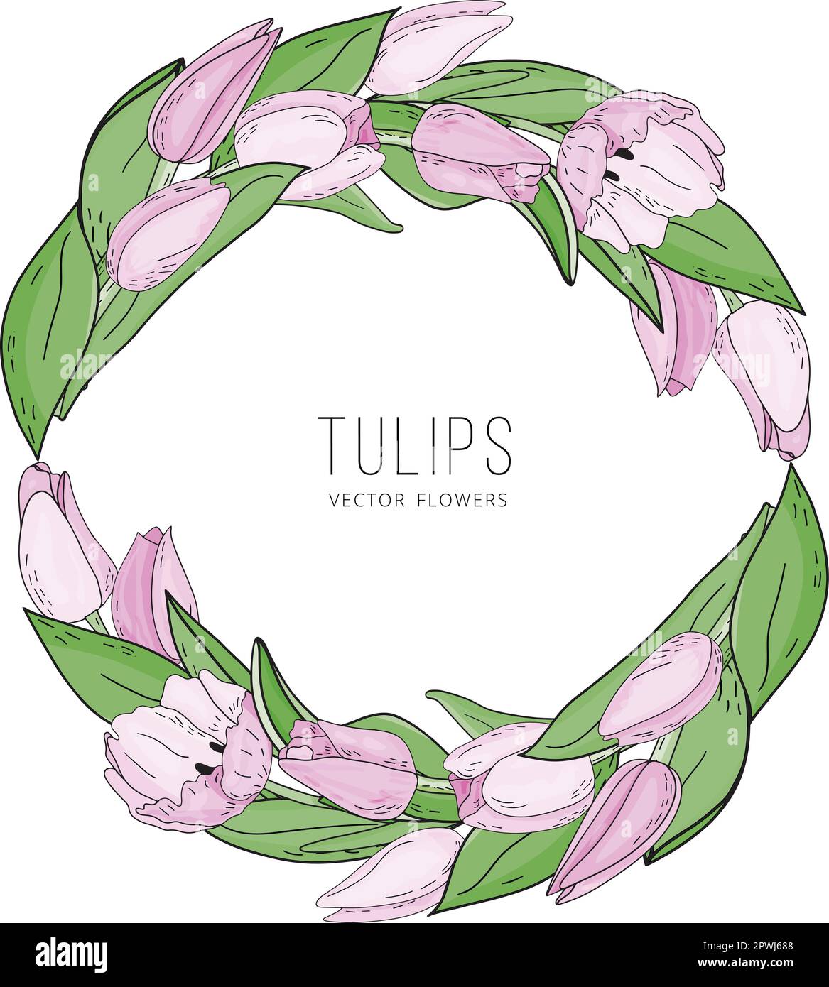 Handgezeichneter Vektorrahmen mit rosafarbenen Blumen, Tulpen, Zweig und Blättern. Elegante Logo-Vorlage. Stock Vektor