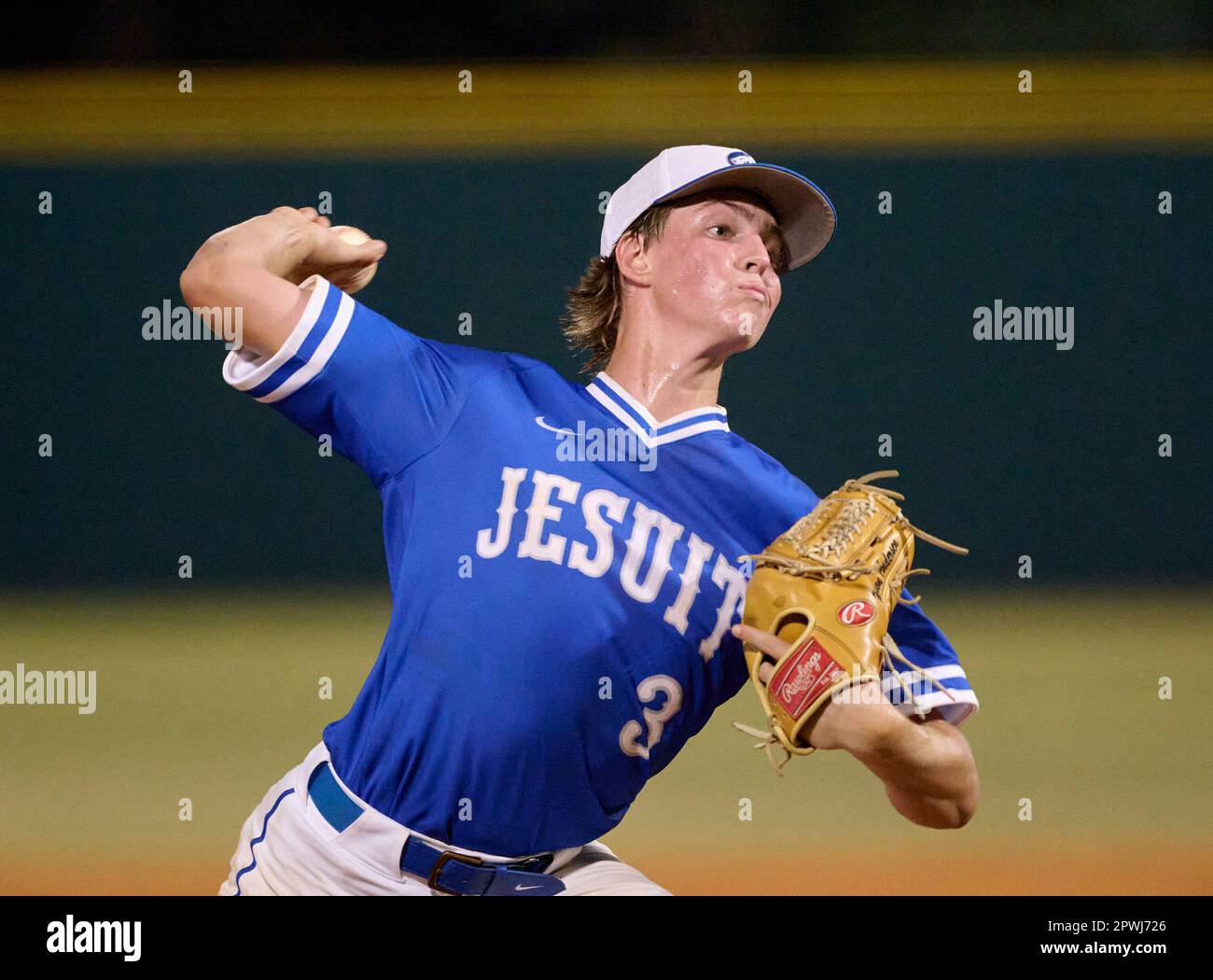 Tampa Jesuit Tigers pitcher Wilson Andersen (3) during a High School baseball game against the Calvary Christian Warriors on April 21, 2023 at Jesuit Baseball Field in Tampa, Florida. (Mike Janes/Four Seam Images via AP) Stockfoto