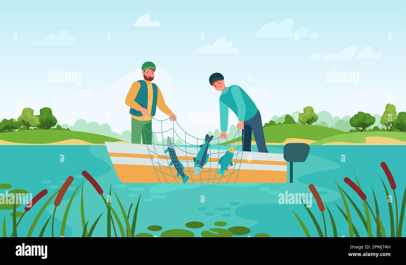 Fischsport und Hobby vom Boot aus zu fangen. Vektorangeln, Angler- und Hobbysport, Fang-in-Wasser-Illustration, Fluss- oder Seereise Stock Vektor