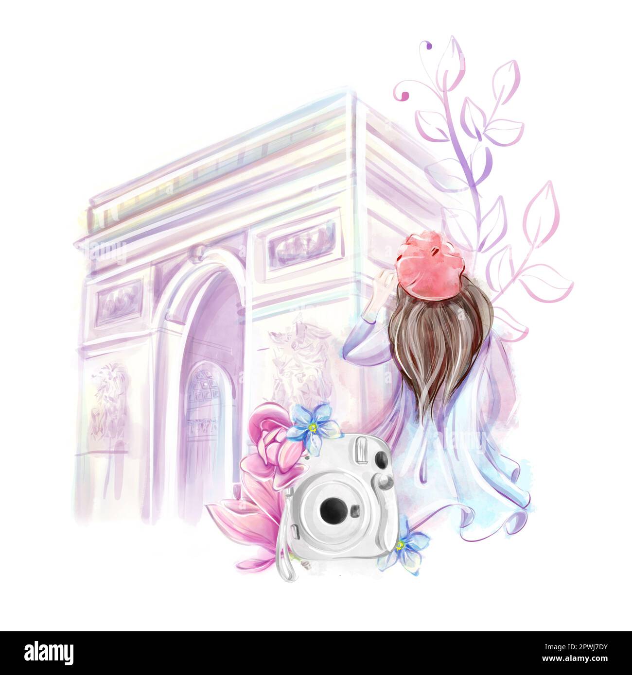Reise nach Paris, Aquarelle. Sehenswürdigkeiten von Frankreich, Arc de Triomphe. Ein Mädchen in einer roten Baskenmütze und eine Sofortkamera mit Frühlingsblumen. Romantisch Stockfoto