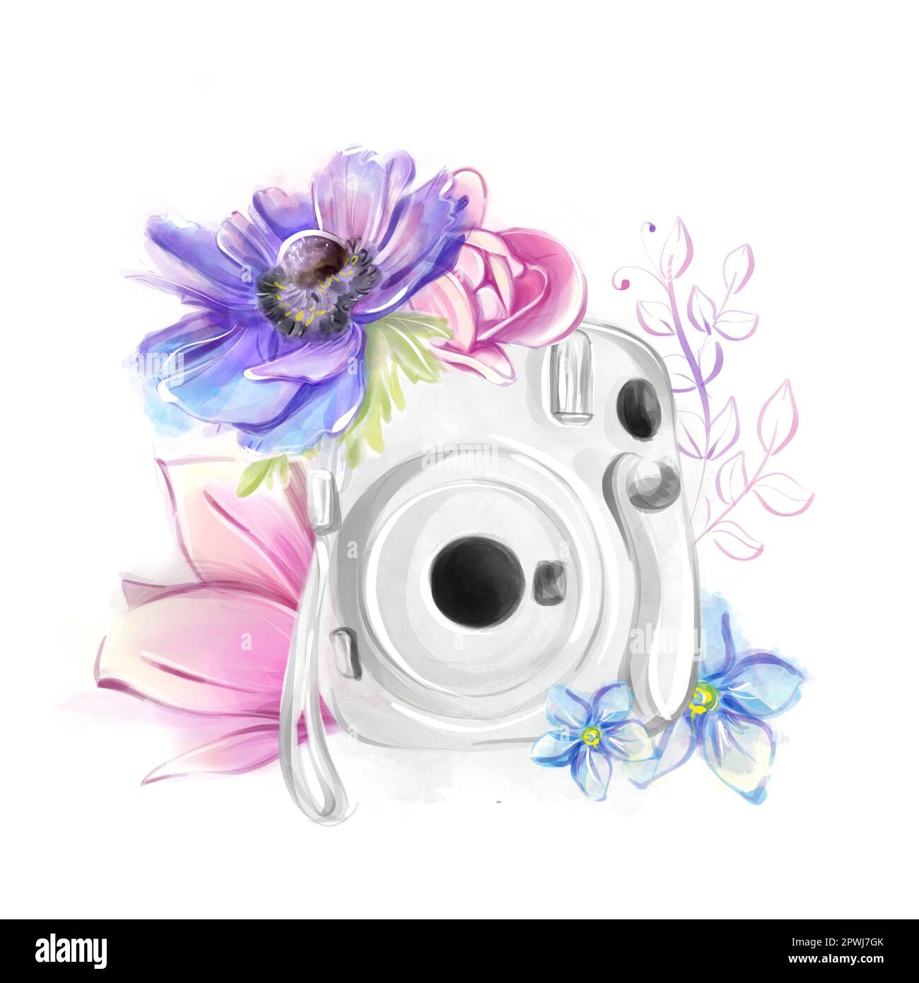 Wasserfarbene Sofortkamera mit Frühlingsblumen. Vergiss mich, Magnolien, Anemonen. Klimpern Sie über das Thema Reisen, Momente, Romantik. Stockfoto