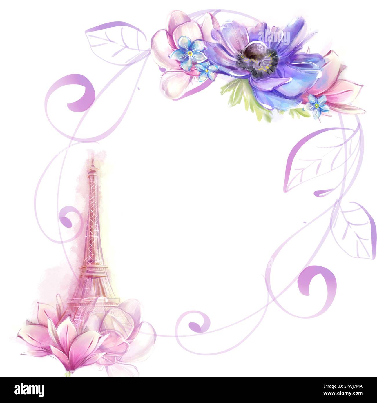 Runder Rahmen in Aquarellfarben mit eiffelturm und Frühlingsblumen, Magnolien. Romantisches Pariser Design. Stockfoto