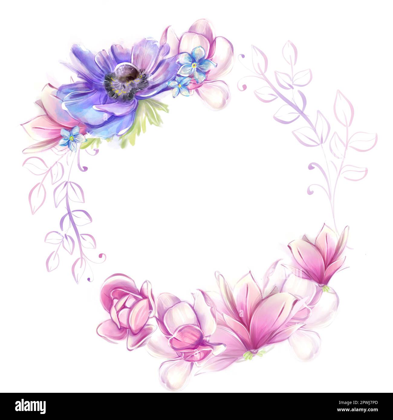 Runder Blumenrahmen mit Anemonen, Magnolien. Französische Romantik, Clipart. Rosa und blaue Blumen in Aquarellfarben. Stockfoto