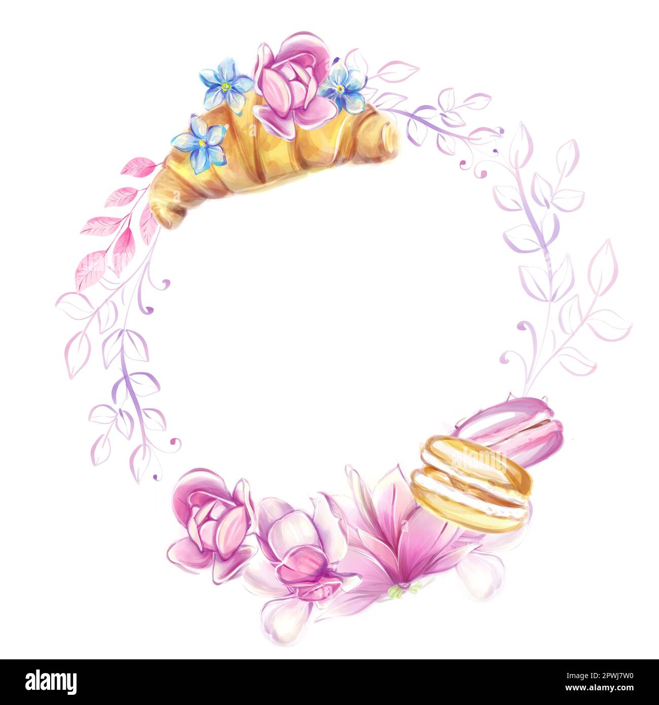Runder Blumenrahmen mit Makronen und Croissants. Ideal für Bäckerei, Bäckerei, Speisekarte. Französische Romantik, Aquarell-Clipart. Stockfoto