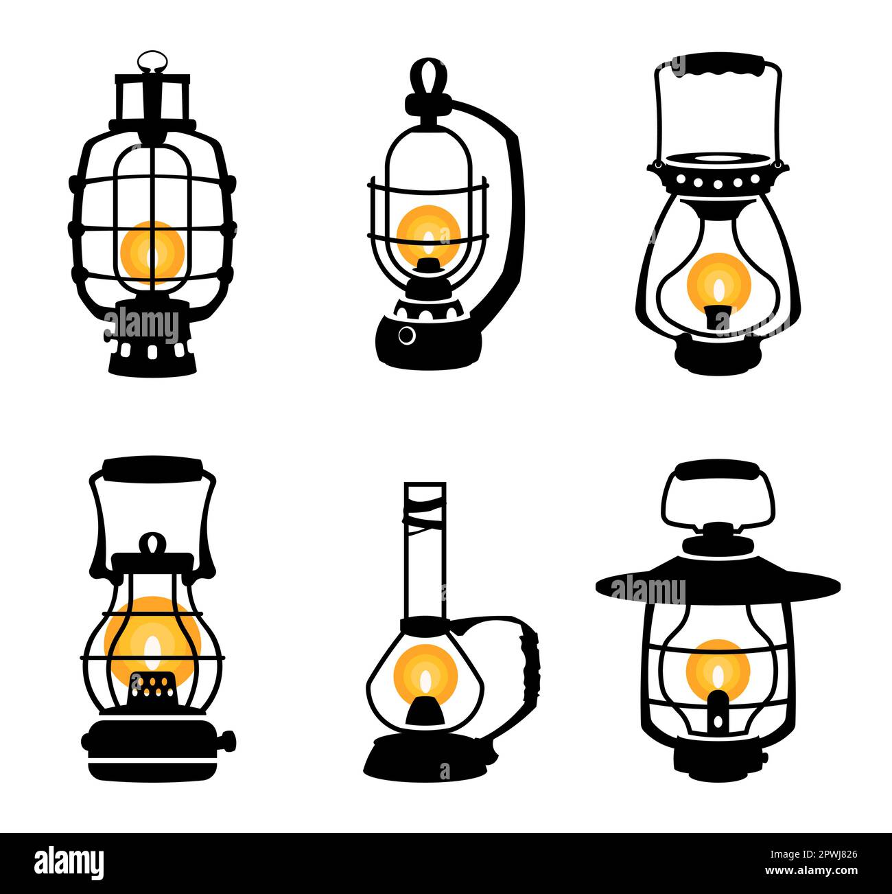 Laternen-Silhouette. Gaslampen mit schwarzem Petroleumbenzin im Vintage-Stil, einfarbige Nachtlichter im Retro-Stil mit flachem Halter. Abbildung: Öllampe Gas, ke Stock Vektor