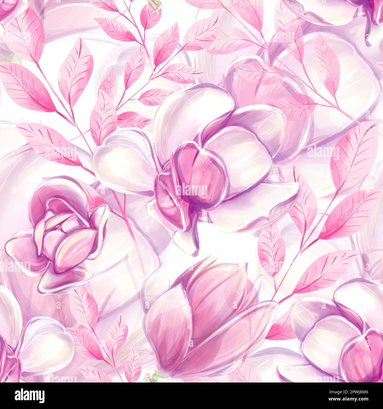 Nahtloses Muster aus Magnolia, Frühlingsblumen in Aquarellfarben. Romantisches Blumenmuster. Ideal für Textil-, Industrie-, Schrott- und Verpackungspapier. Stockfoto