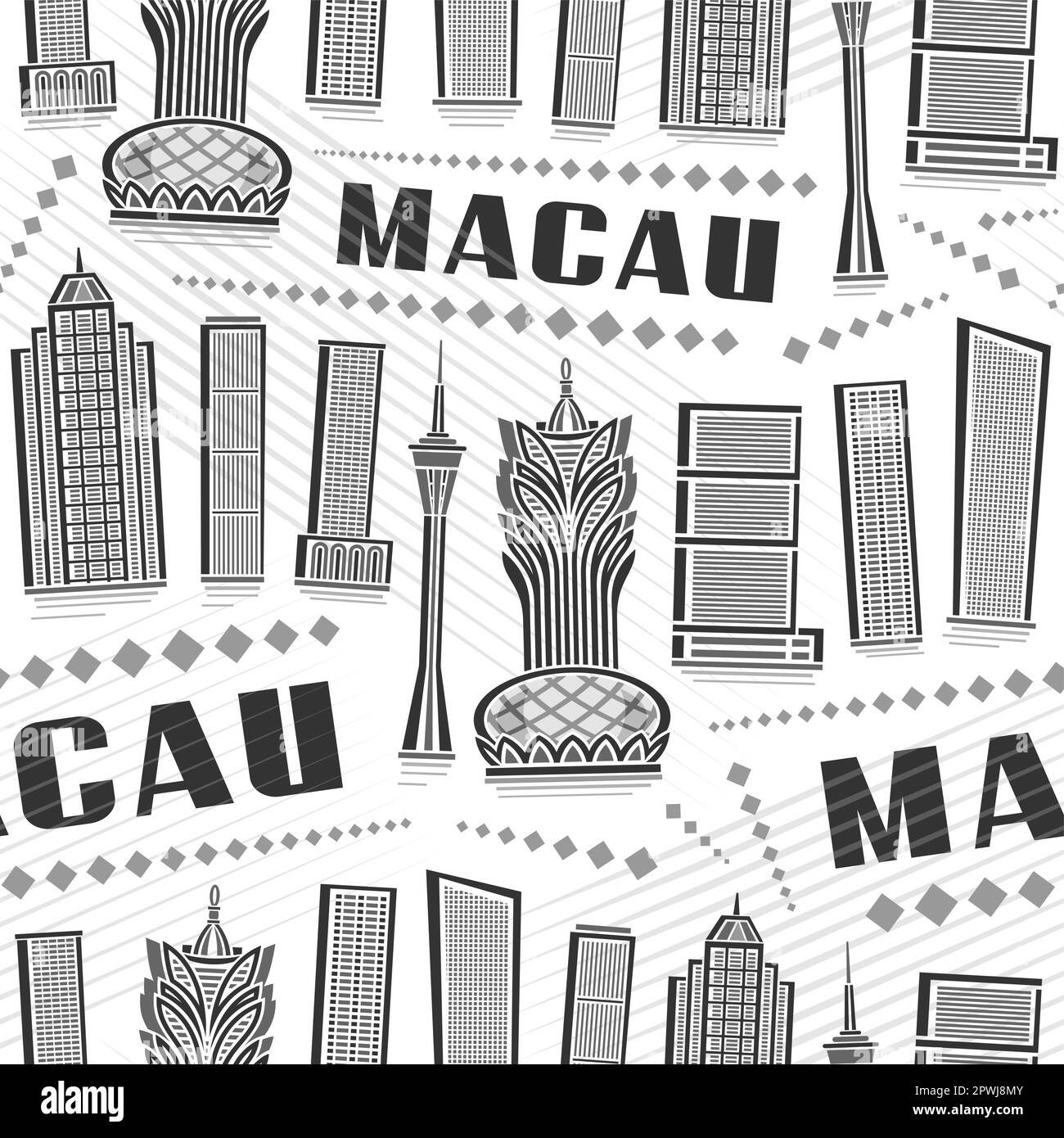 Vector Macau Seamless Pattern, sich wiederholender Hintergrund mit Illustration der berühmten asiatischen Stadtlandschaft macaus auf weißem Hintergrund für Geschenkpapier, Monochr Stock Vektor
