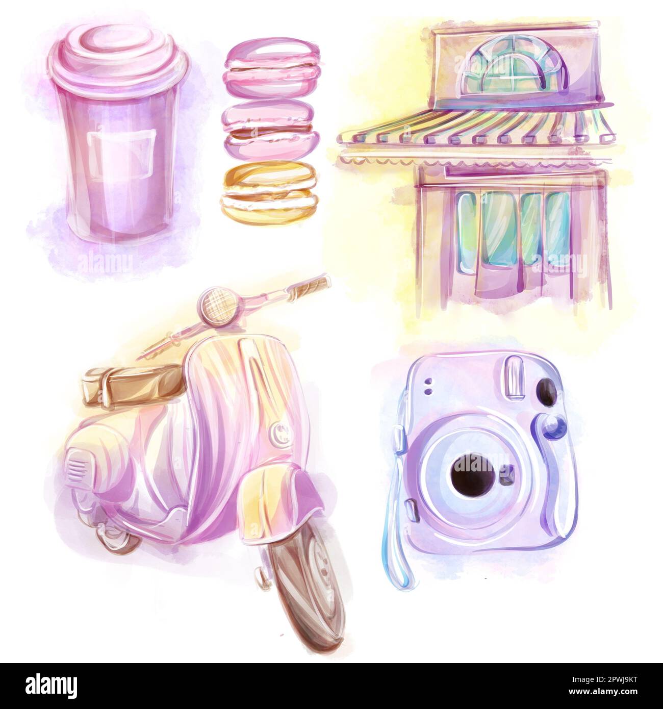Clipart über das Thema Frankreich, Aquarelle Illustration. Eine Reihe von Zeichnungen in einem romantischen Stil: Vintage-Roller, Sofortkamera, Kaffee, Makronen, Sch Stockfoto