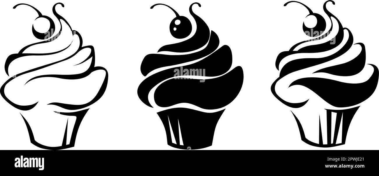Schwarze Silhouetten von Cupcakes mit cremeisolierter Creme auf weißem Hintergrund. Schwarze und weiße Linien und Silhouetten-Illustrationen von Cupcakes. Vektor krank Stock Vektor