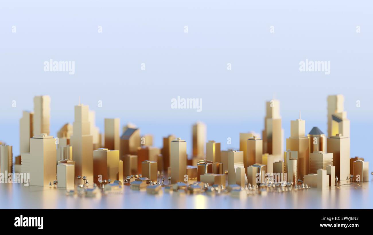 Saubere, moderne, goldene Stadt mit Wolkenkratzern. Abstraktes Konzept. Digital 3D-Rendering. Stockfoto