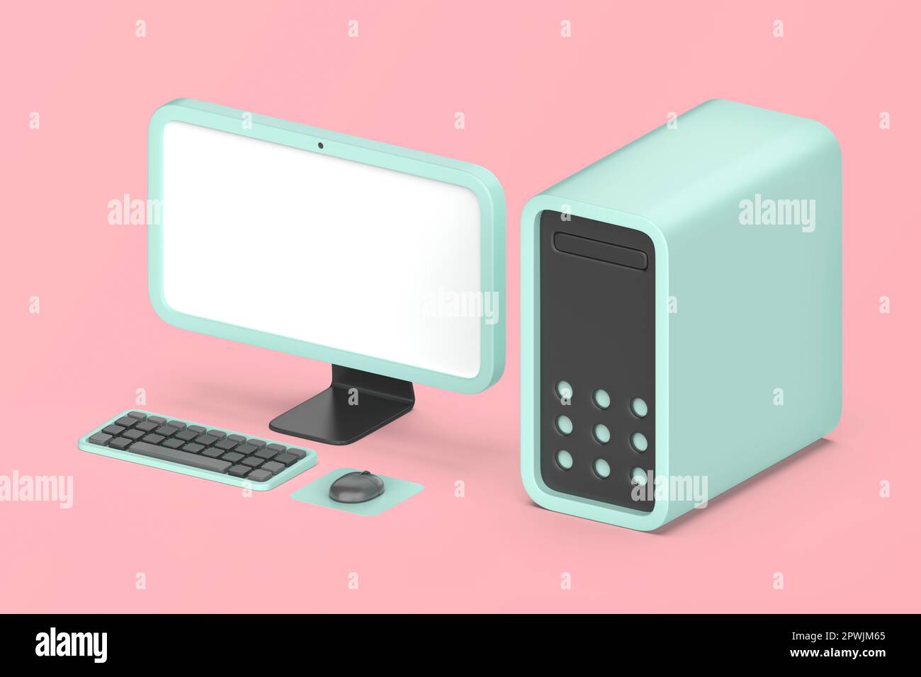 Einfacher Desktop-Computer mit Monitor, kabelloser Tastatur und Maus auf pinkfarbenem Hintergrund Stockfoto