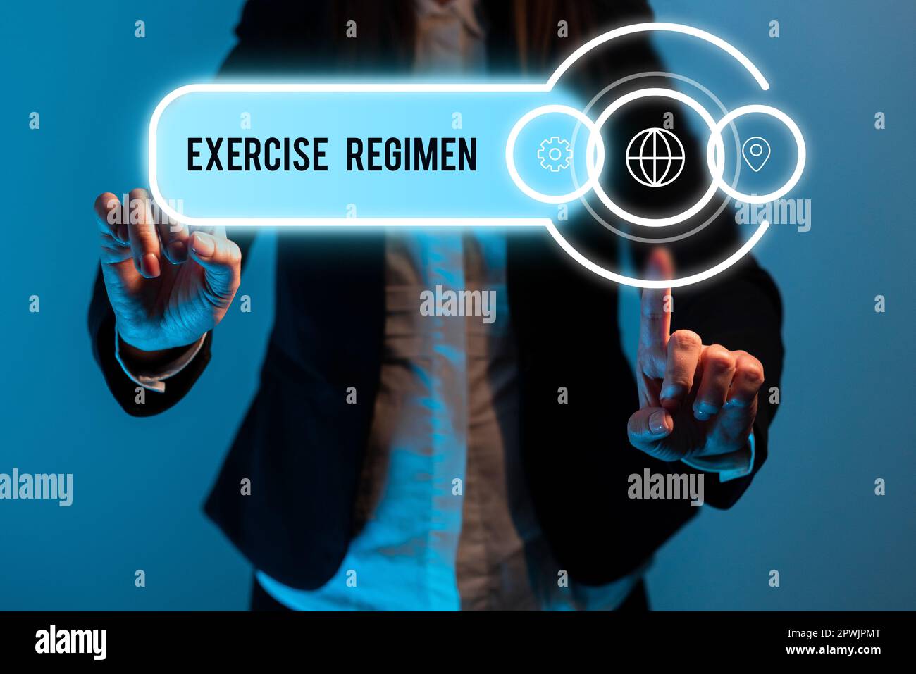 Schild zeigt Übungsschema, Business-Idee Körper energetisch bewegen, um fit und gesund zu werden Stockfoto