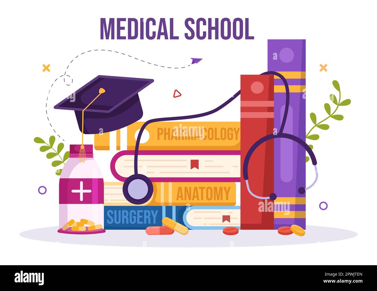 Medizinstudium mit Schülern, die Doktorlehrgang und Lernwissenschaften im Klassenzimmer in flacher Cartoon handgezeichnete Vorlage Illustration hören Stockfoto