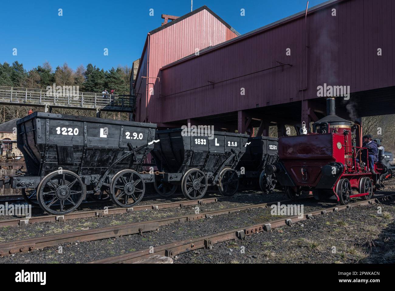 Eine Kaffeekanne-Dampflokomotive bringt Wagen in einer viktorianischen Zeche. Abgebildet im Beamish Living Museum, Nordostengland. Stockfoto