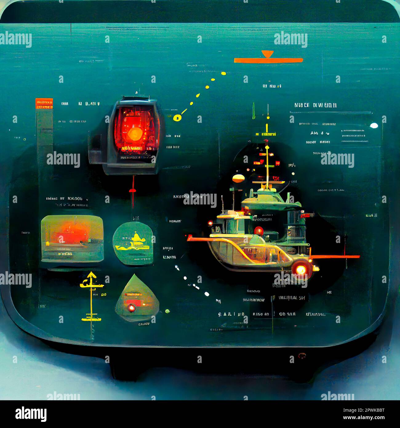 Echolot-Bildschirm für U-Boote und Schiffe. Radarsonar mit Objekt auf Karte. Futuristischer HUD-Navigationsmonitor Stockfoto