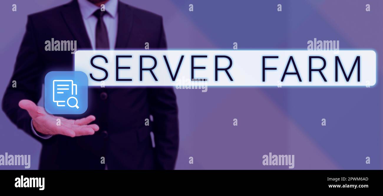 Textzeichen für Server-Farm, Konzept für eine Gruppe von Computern, die als Server fungieren und zusammen untergebracht sind Stockfoto
