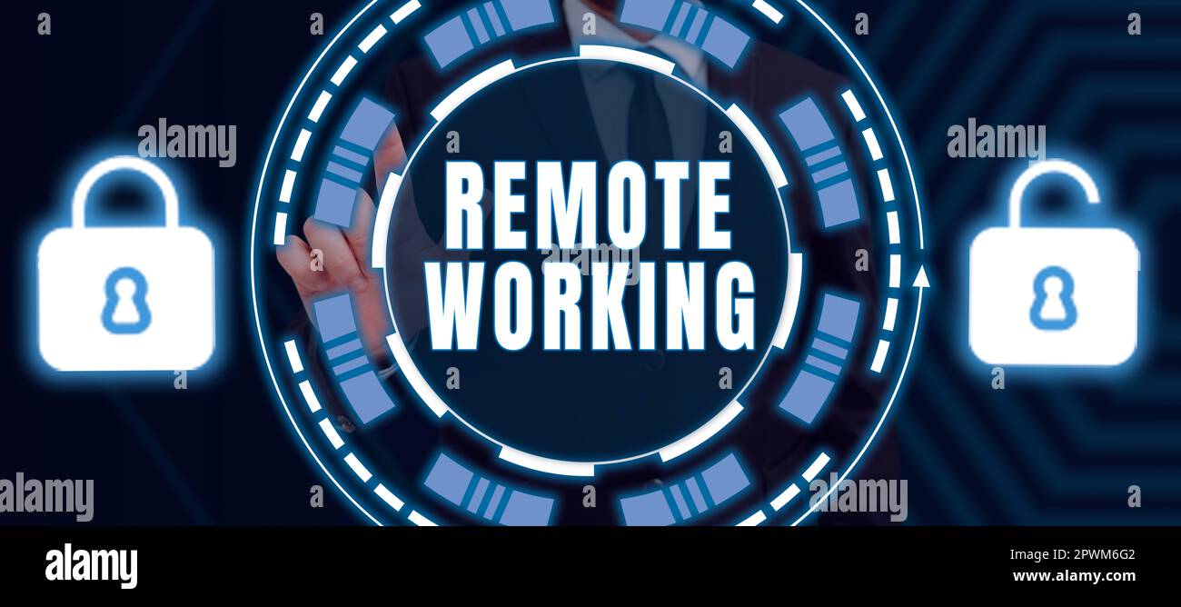 Konzeptionelle Darstellung Remote Working, ein Wort über eine Situation, in der ein Mitarbeiter hauptsächlich von zu Hause aus arbeitet Stockfoto