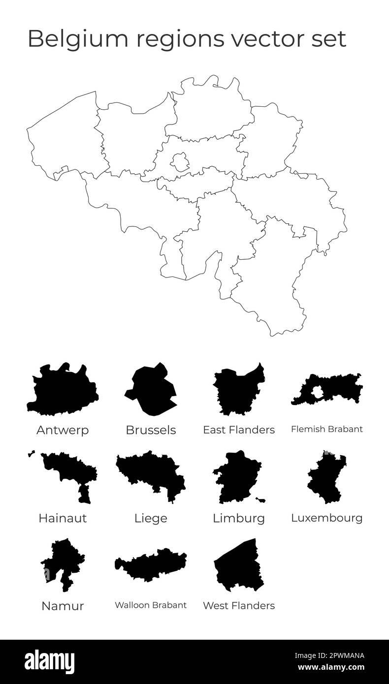 Karte Belgiens mit den Formen der Regionen. Leere Vektorkarte des Landes mit Regionen. Grenzen des Landes für Ihre Infografik. Vektorabbildung. Stock Vektor