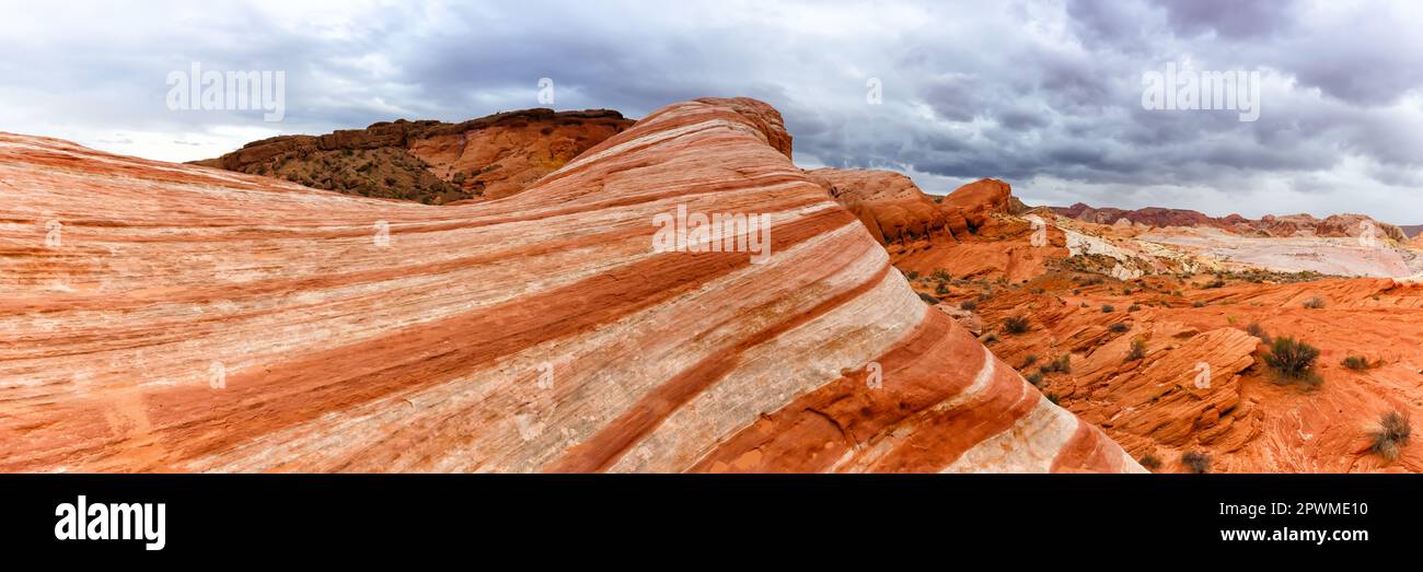 Felsformation aus rotem Sandstein Fire Wave im Valley of Fire State Park Panoramafahrt durch Nevada in den USA Stockfoto